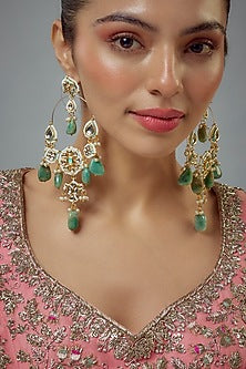 Gold Finish Green Kundan Polki & Pearl Jhumka Earrings