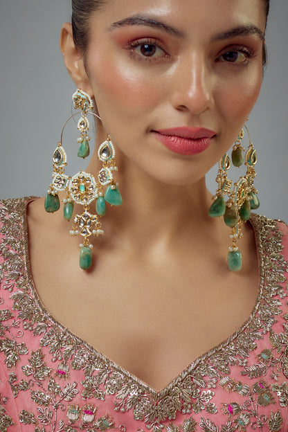Gold Finish Green Kundan Polki & Pearl Jhumka Earrings