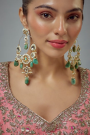 Gold Finish Green Kundan Polki & Pearl Jhumka Earrings
