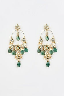 Gold Finish Green Kundan Polki & Pearl Jhumka Earrings