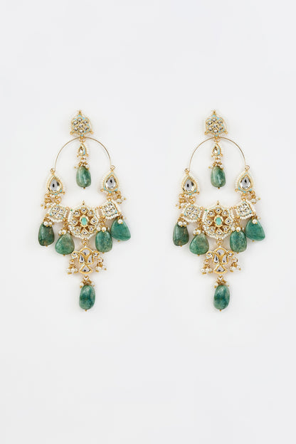 Gold Finish Green Kundan Polki & Pearl Jhumka Earrings