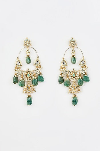 Gold Finish Green Kundan Polki & Pearl Jhumka Earrings