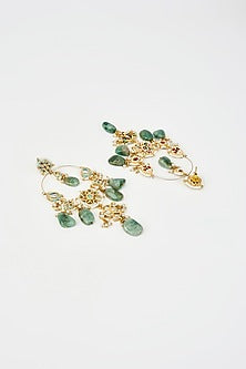 Gold Finish Green Kundan Polki & Pearl Jhumka Earrings