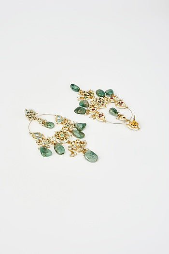 Gold Finish Green Kundan Polki & Pearl Jhumka Earrings