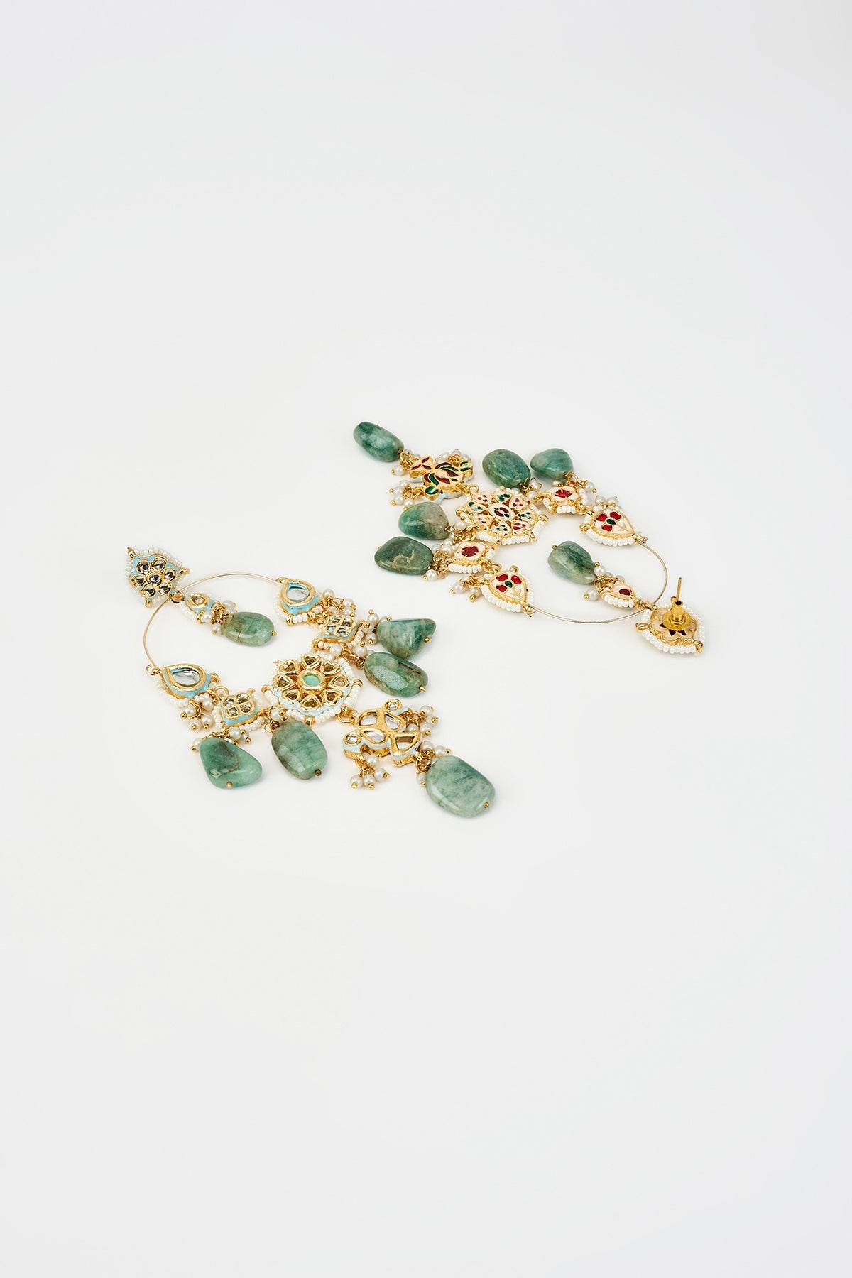 Gold Finish Green Kundan Polki & Pearl Jhumka Earrings