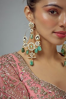 Gold Finish Green Kundan Polki & Pearl Jhumka Earrings