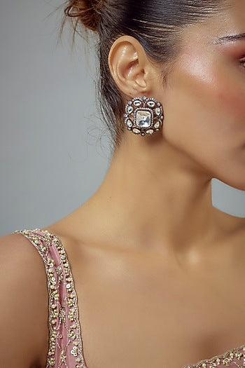 White Rhodium Finish Zircon Stud Earrings