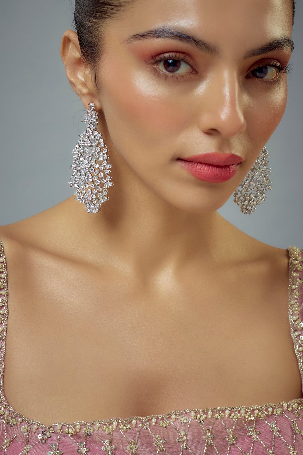 White Rhodium Finish Zircon Dangler Earrings