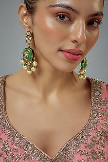 Gold Finish Kundan Polki & Pearl Dangler Earrings