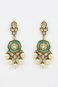 Gold Finish Kundan Polki & Pearl Dangler Earrings