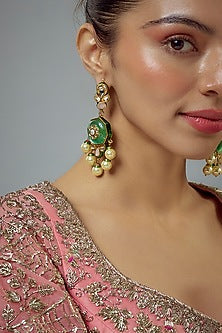 Gold Finish Kundan Polki & Pearl Dangler Earrings