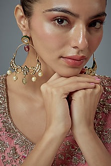 Gold Finish Kundan Polki & Pearl Dangler Earrings