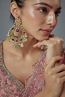 Gold Finish Kundan Polki & Pearl Dangler Earrings