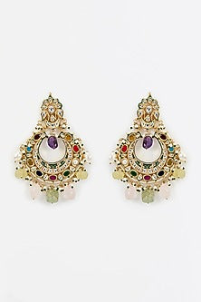 Gold Finish Kundan Polki & Pearl Dangler Earrings