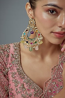 Gold Finish Kundan Polki & Pearl Dangler Earrings