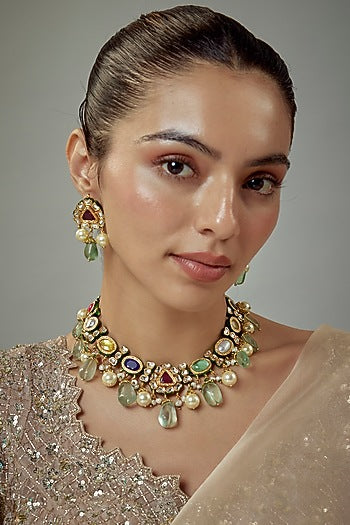 Gold Finish Kundan Polki & Multi-Colored Stone Beaded Choker Necklace Set