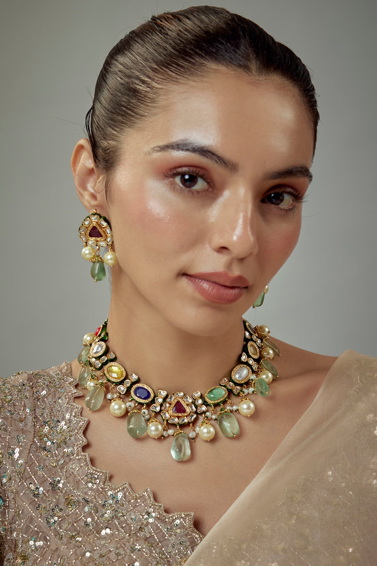 Gold Finish Kundan Polki & Multi-Colored Stone Beaded Choker Necklace Set