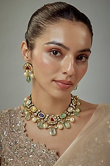 Gold Finish Kundan Polki & Multi-Colored Stone Beaded Choker Necklace Set