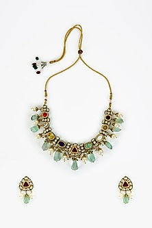 Gold Finish Kundan Polki & Multi-Colored Stone Beaded Choker Necklace Set