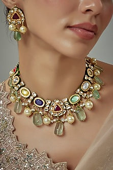 Gold Finish Kundan Polki & Multi-Colored Stone Beaded Choker Necklace Set