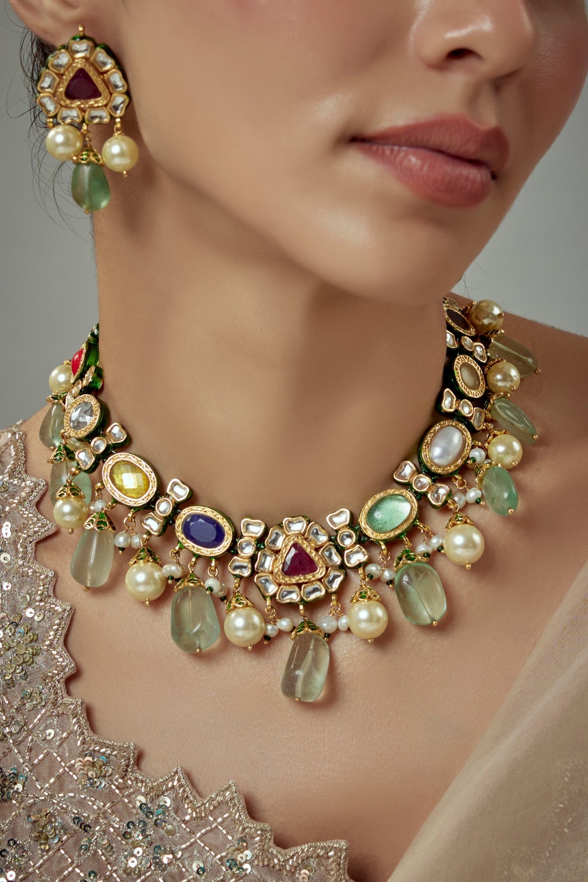 Gold Finish Kundan Polki & Multi-Colored Stone Beaded Choker Necklace Set