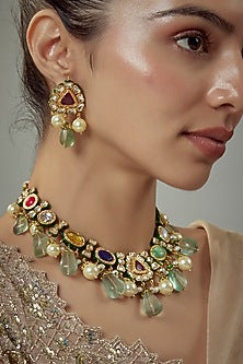 Gold Finish Kundan Polki & Multi-Colored Stone Beaded Choker Necklace Set