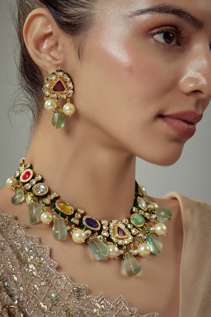 Gold Finish Kundan Polki & Multi-Colored Stone Beaded Choker Necklace Set