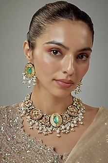 Gold Finish Kundan Polki & Multi-Colored Stone Beaded Choker Necklace Set