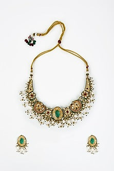 Gold Finish Kundan Polki & Multi-Colored Stone Beaded Choker Necklace Set