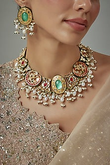 Gold Finish Kundan Polki & Multi-Colored Stone Beaded Choker Necklace Set