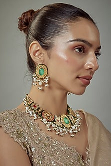 Gold Finish Kundan Polki & Multi-Colored Stone Beaded Choker Necklace Set