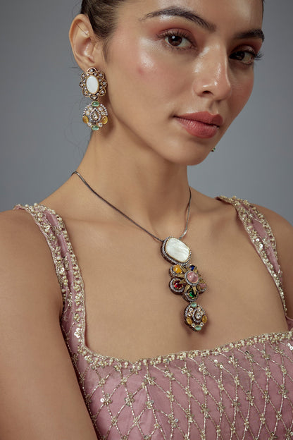 Gold Finish White Kundan Polki & Synthetic Stone Long Necklace Set