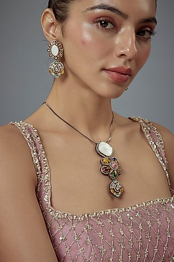 Gold Finish White Kundan Polki & Synthetic Stone Long Necklace Set