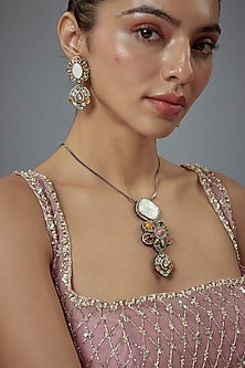 Gold Finish White Kundan Polki & Synthetic Stone Long Necklace Set