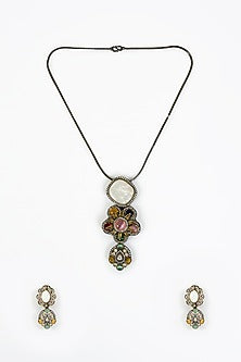 Gold Finish White Kundan Polki & Synthetic Stone Long Necklace Set