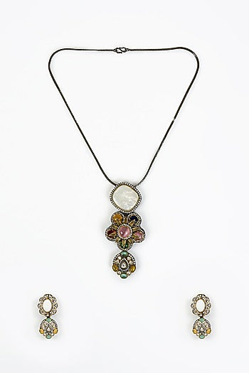 Gold Finish White Kundan Polki & Synthetic Stone Long Necklace Set