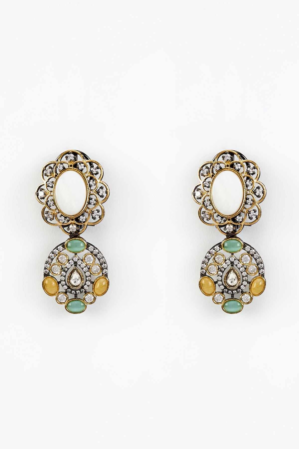 Gold Finish White Kundan Polki & Synthetic Stone Long Necklace Set