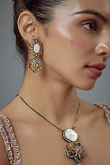 Gold Finish White Kundan Polki & Synthetic Stone Long Necklace Set