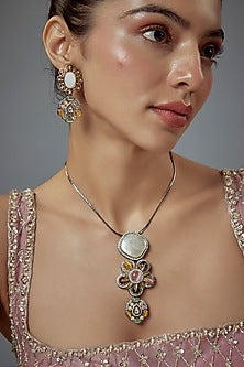 Gold Finish White Kundan Polki & Synthetic Stone Long Necklace Set