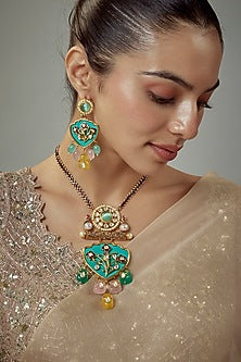 Gold Finish Kundan Polki Long Necklace Set