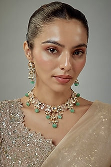 Gold Finish Kundan Polki & Multi-Colored Stone Beaded Choker Necklace Set