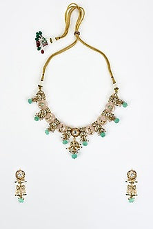 Gold Finish Kundan Polki & Multi-Colored Stone Beaded Choker Necklace Set
