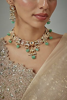 Gold Finish Kundan Polki & Multi-Colored Stone Beaded Choker Necklace Set