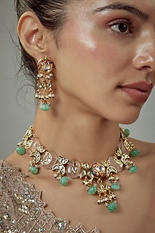 Gold Finish Kundan Polki & Multi-Colored Stone Beaded Choker Necklace Set