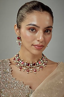 Gold Finish Kundan Polki & Red Stone Choker Necklace Set