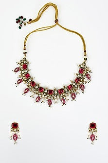 Gold Finish Kundan Polki & Red Stone Choker Necklace Set