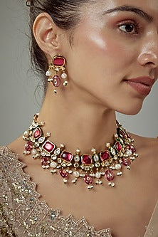 Gold Finish Kundan Polki & Red Stone Choker Necklace Set