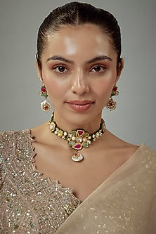 Gold Finish Kundan Polki & Multi-Colored Stone Choker Necklace Set