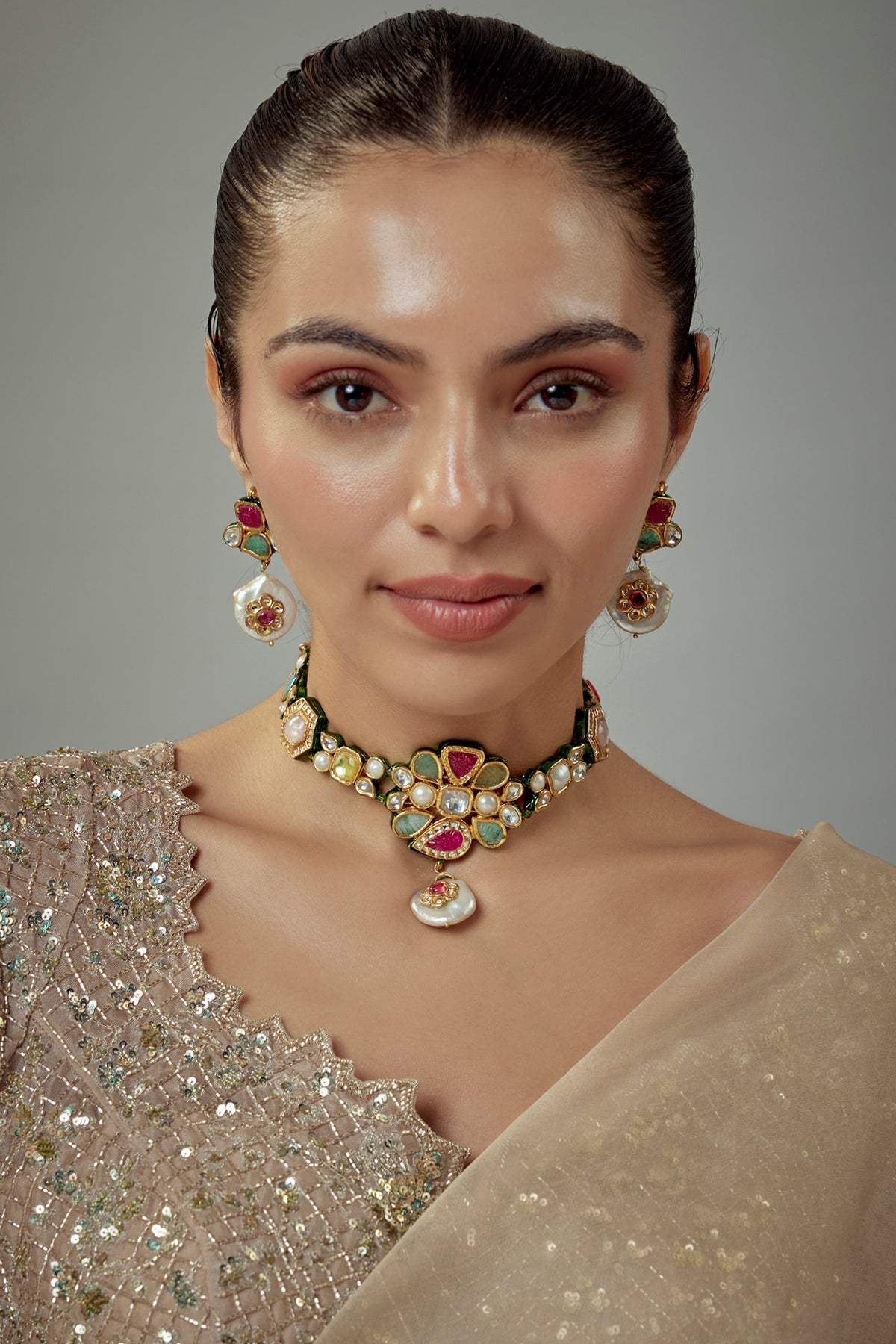 Gold Finish Kundan Polki & Multi-Colored Stone Choker Necklace Set
