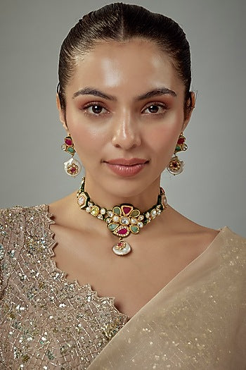 Gold Finish Kundan Polki & Multi-Colored Stone Choker Necklace Set